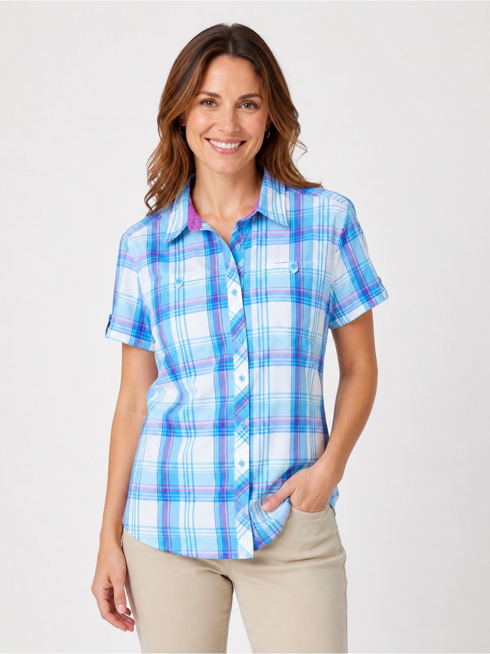 KÜHL Plaid Button Front Hiking Shirt Women’s Medium Blue Purple Short Sleeve